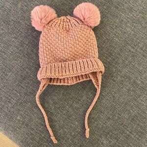 Zara Kids Blush Knit Earflap Hat with Double Pom-Poms